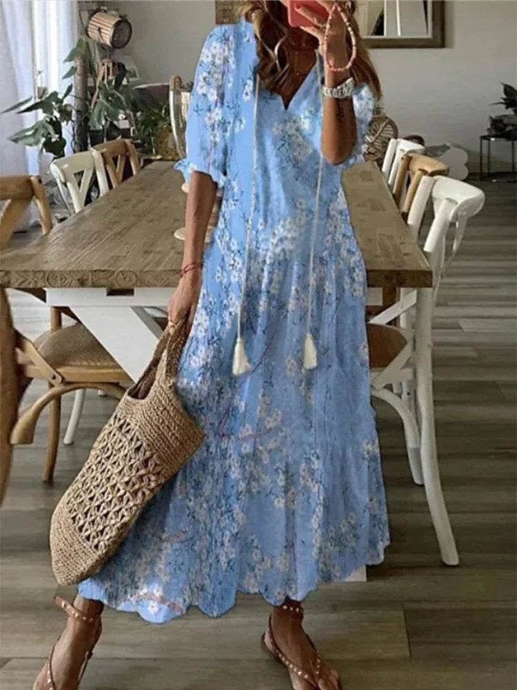 2023 Bohemian Long Dress Women Summer Vintage Floral Print V Neck Half Sleeve Dresses Female Casual Drawstring Loose Beach Dress