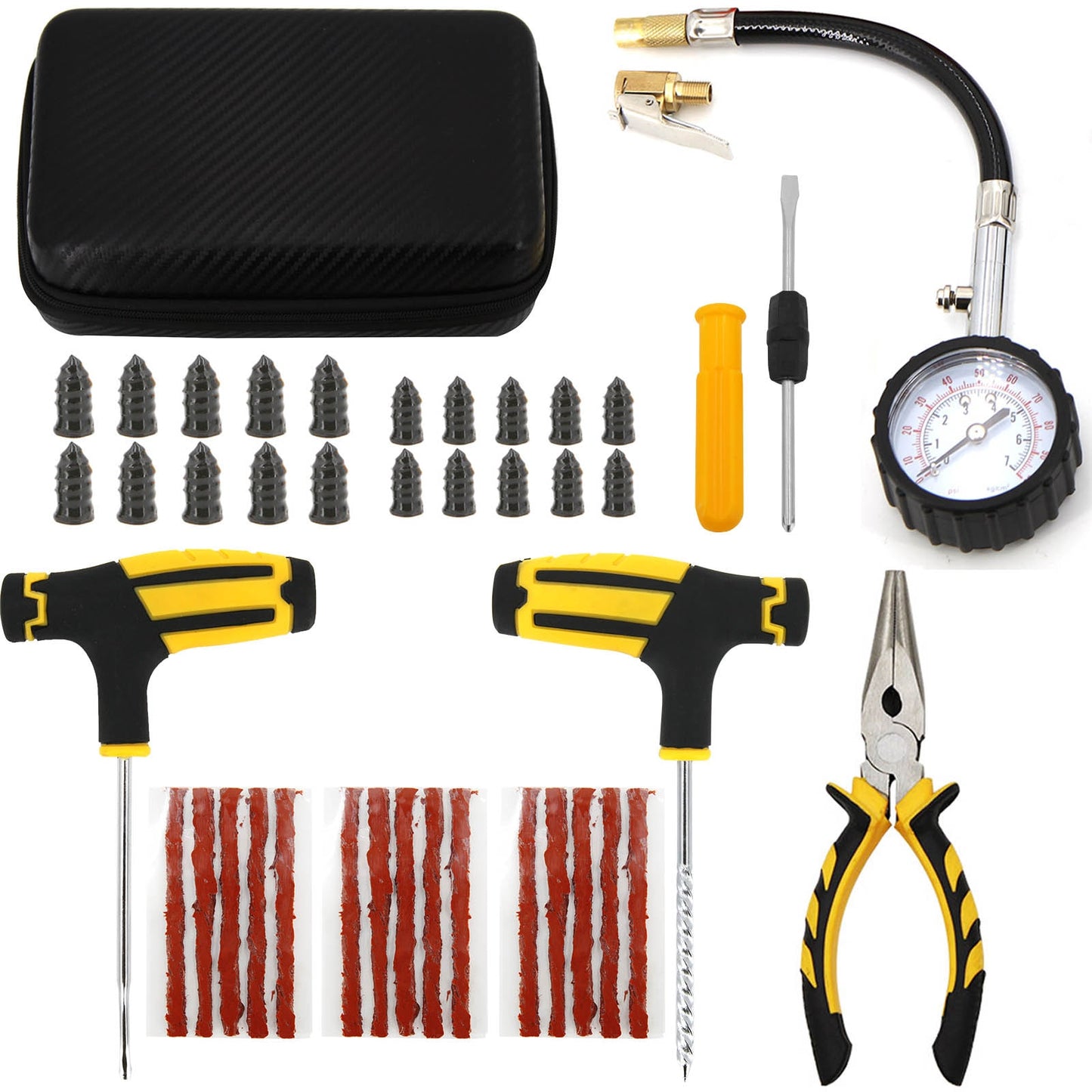 Car Tire Repair Tool Kit Studding Set Auto Bike Puncture Plug Garage Needle Nose Pliers Vacuum Film Nail Screws W/ Storage Case