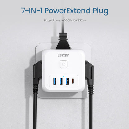 LENCENT EU Plug Power Strip with  3 AC Outlets +3 USB Charging Ports+ 1 Type C 5V 2.4A  Adapter 7-in-1 Plug Socket On/Off Switch