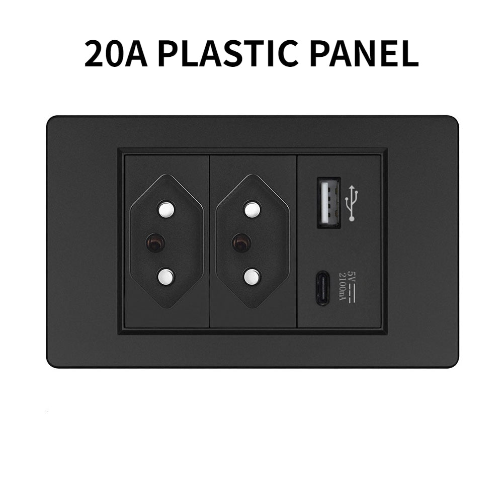 20A Brazil/US/Italy/Chile Plug Wall Sockets USB Type C Pressure Switch Plastic/ Tempered Glass 118 Panel Outlets Home Office