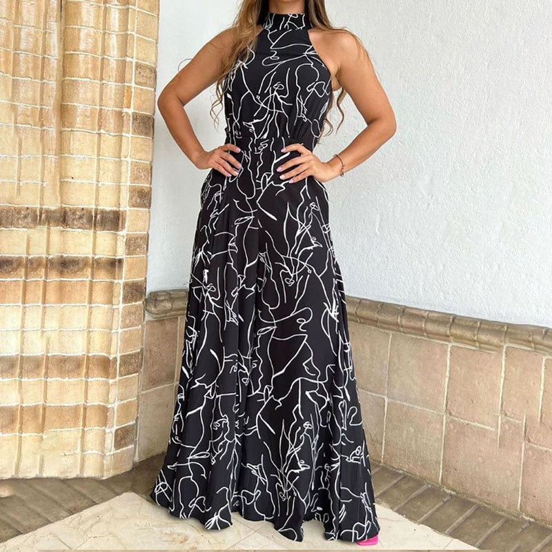 Summer Sexy Halterneck Bodycon Sleeveless High Jumpsuit 2022 Women Abstract Print Jumpsuit Chic Streetwear Wide Leg Romper Mujer