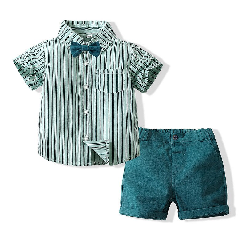 Summer Baby Boys Party Dress Suit Cotton Short Sleeve With Shirt + Belt Shorts 2PCS Outfits Kids Boys Gentleman Clothes Sets