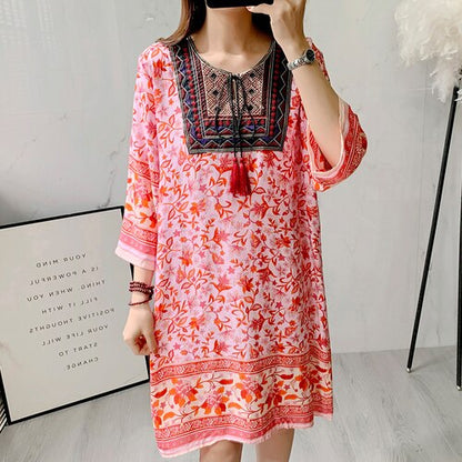 Women's Clothing Women Indian Dress Ready Stock Summer Vintage Causal Korean Style Beach Embroidery Tassel Floral Print Vestidos