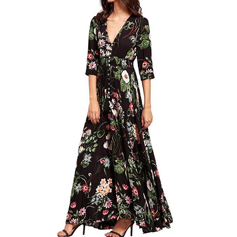 Casual Vacation Bohemian Half Short Sleeve Dress Vintage V-Neck Loose Long Printed Dress Elegant 5XL Pleasure Dress Women 19138