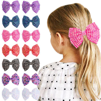 White Pearl Hair Bows With Hair Clips For Girls Kids Boutique Layers Bling Rhinestone Center Bows Hairpins Hair Accessories