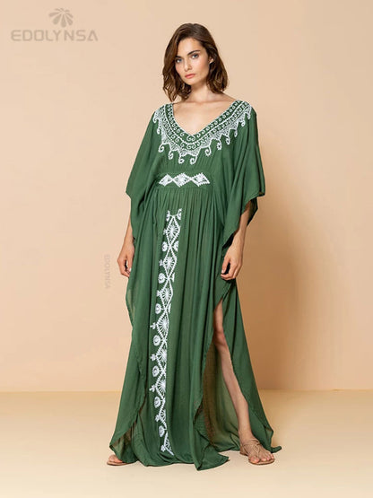 2023 Sexy Cold Shoulder V Neck Bats Sleeve Loose Summer Beach Dress Plus Size Women Beachwear Kaftan Black Dresses Q943