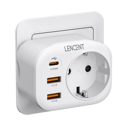 LENCENT EU Plug Power Strip with  3 AC Outlets +3 USB Charging Ports+ 1 Type C 5V 2.4A  Adapter 7-in-1 Plug Socket On/Off Switch