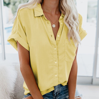 Fashion Loose Lapel Button Shirt Women OL Solid Ladies Shirts Summer Casual Tops Short Sleeve Women's Blouse Blusas Mujer 20027