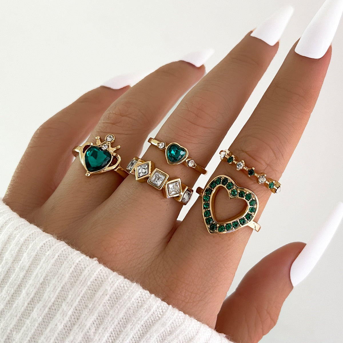 Aprilwell 5Pcs Green Crystal Rings Set for Women Gold Plated Vintage Aesthetic Geometric Luxury Anillos Lady Jewelry Gifts Bague