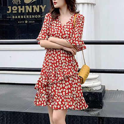 Vintage Printed Loose Asymmetrical Ruffles Mini Dress Women&#39;s Clothing 2023 Summer New Office Lady Flare Sleeve Floral Dress
