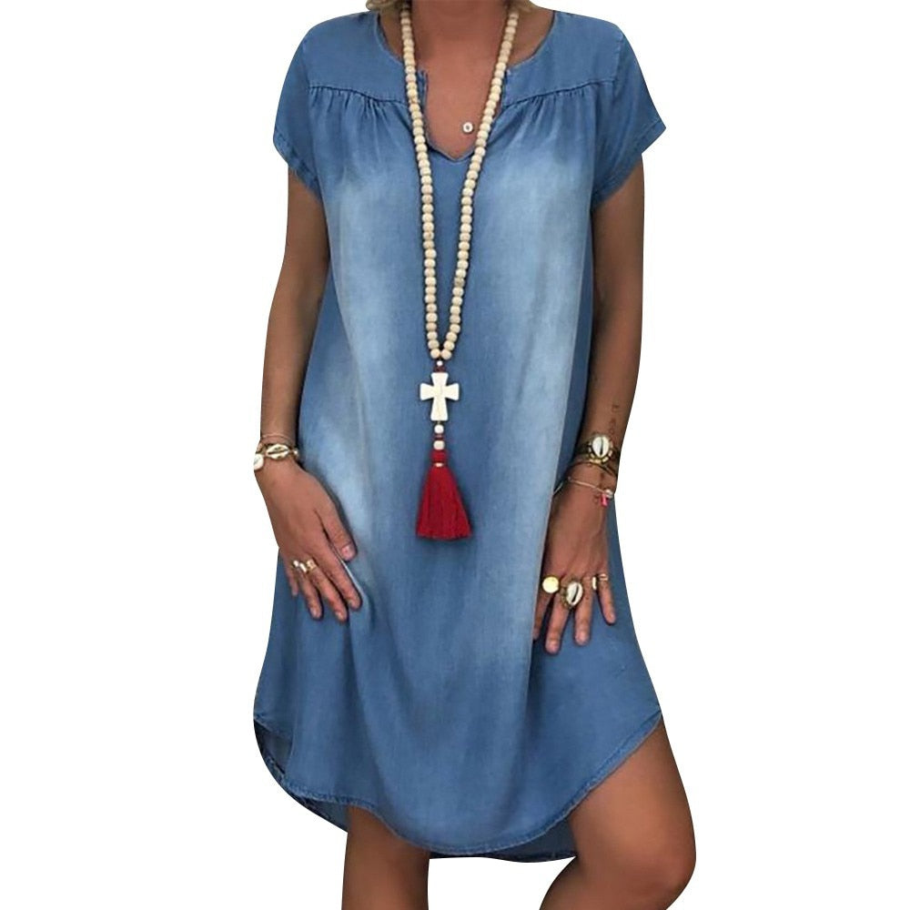 Denim Dress S-5xl Women's NEW Fashion Casual Solid Sexy V Neck Long Party Loose платье Short Sleeve Swing Summer Dress