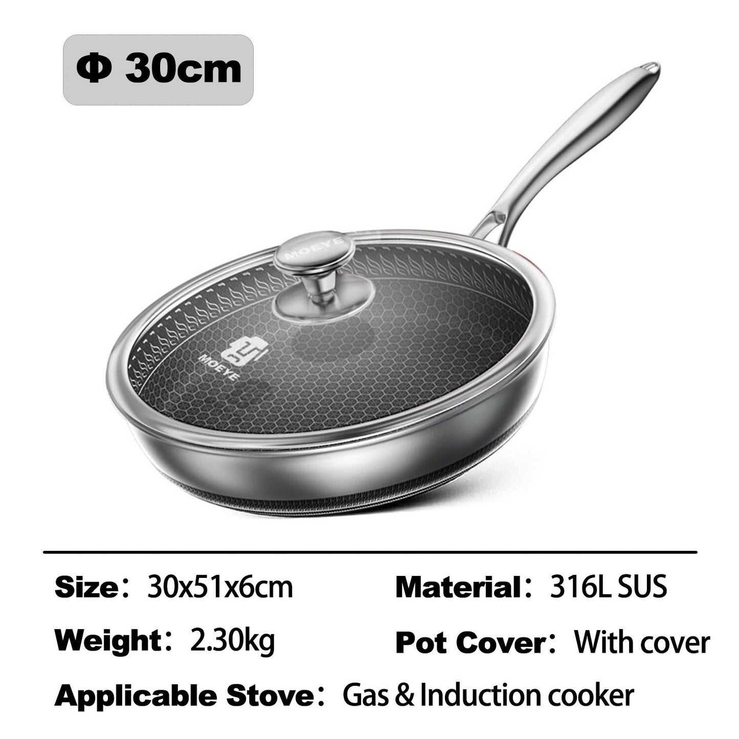 MOEYE Frying Pan 316L Stainless Steel Pan 28/30/32 Kitchen Nonstick Pan Cooking Skillet Kitchen Nonstick Skillet Induction Pan