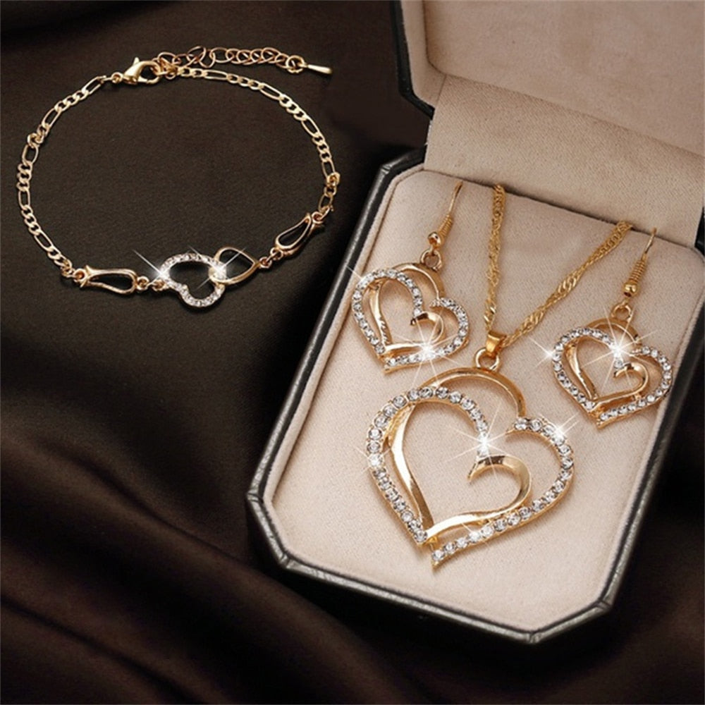 Exquisite Double Heart Necklace Earrings Bracelet Jewelry Set Charm Ladies Jewelry Fashion Bridal Accessory Set Romantic Gifts