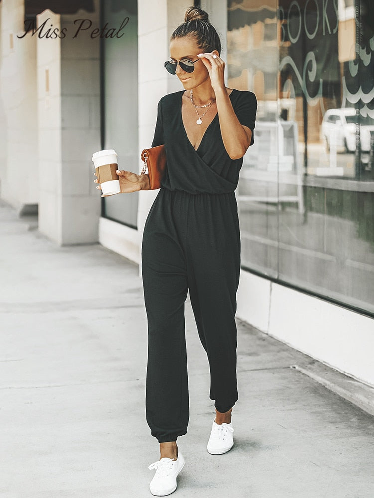 MISS PETAL V-neck Short Sleeve Jumpsuit For Woman Casual Long Jogger Pants Playsuit 2023 Summer Overalls Bodysuits Rompers