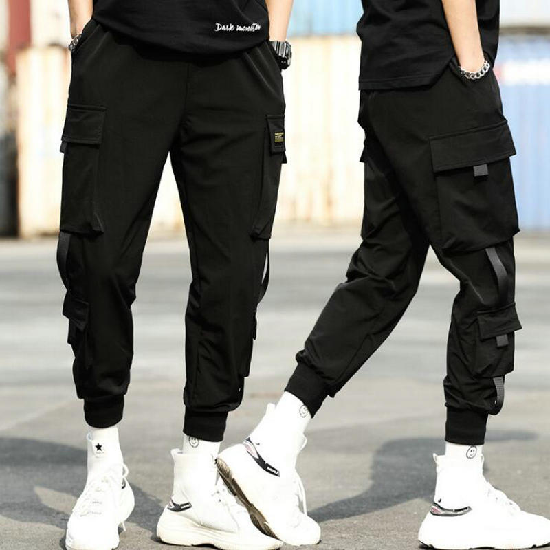 Streetwear Hip Hop Black Harem Pants Men Elastic Waist Punk Pants With Ribbons Casual Slim Jogger Pants Men Hip Hop Trousers