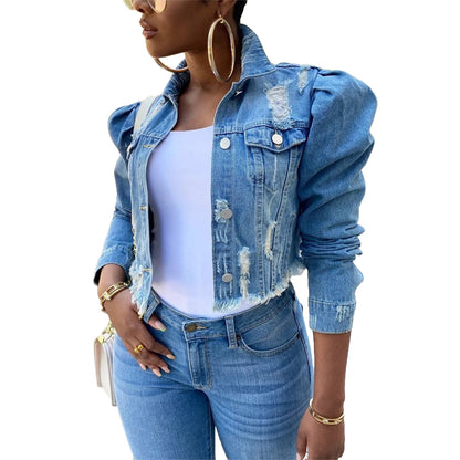Y2k Women&#39;s Ripped Denim Jacket Casual Long Puff Sleeve Button Down Cropped Jean Coats for Fall