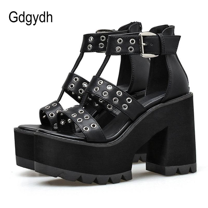 Gdgydh Sexy Rivet Shoes Women For Party Rock Style Blakc Block Heel Platform Sandals Women Back Zipper Summer Footwear Gladiator