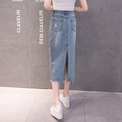 Midi Skirt Women 2023 Summer Hole Denim Bottoms High Waist Jeans Skirts Back Split Korean Fashion Style Casual Wears For Ladies