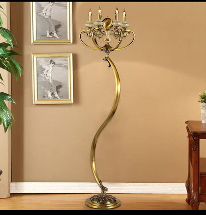 American retro copper jade floor lamp creative personality classic living room study bedroom S type copper floor lamp