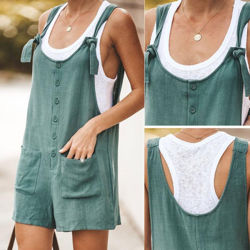 Women Jumsuit Cotton Linen Rompers Solid Button Pocket Summer Short Jumpsuit Casual Loose Straps Playsuit Overalls Short Pants