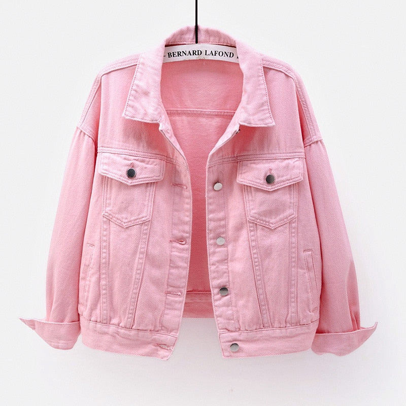 Women&#39;s Denim Jacket Spring Autumn Short Coat Pink Jean Jackets Casual Tops Purple Yellow White Loose Tops Lady Outerwear KW02