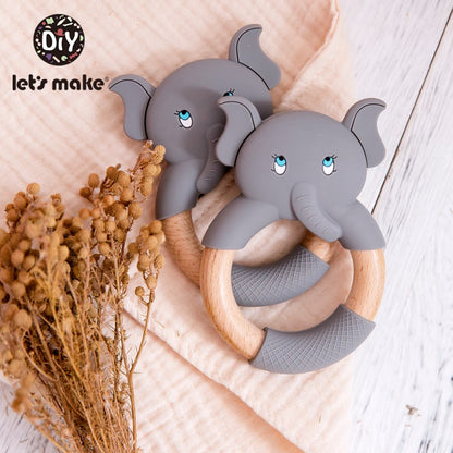 Let&#39;s Make 1pc Baby Silicone Teether Cartoon Elephant Teething Toy Beech Wood Ring Infant Comfort Toys Baby Teether