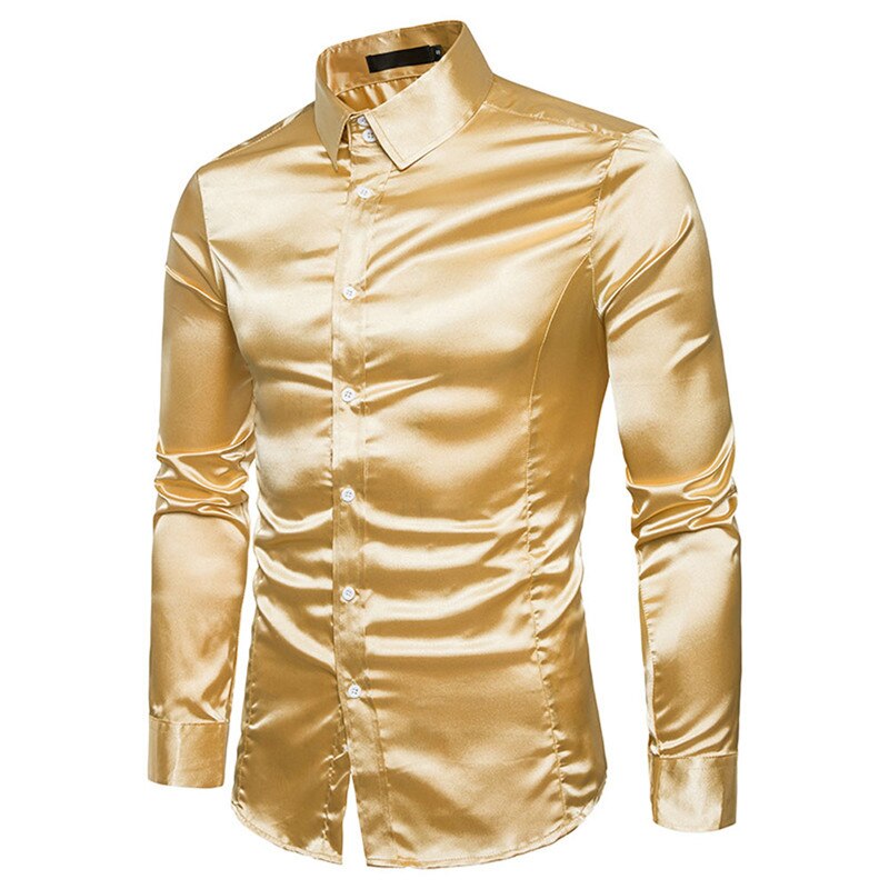 Plus size S-XXL Men Shirt Silk Satin Smooth Men Solid Tuxedo Business Shirt Men Casual Slim Fit Shiny Gold Wedding Dress Shirts