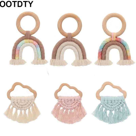 Baby Teether Crochet Wood Rring Rattle Food Grade Wooden Products DIY Crafts Teething Toys