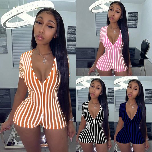 Ladies Summer Bodysuit Playsuit Striped Short Sleeve V-neck Zipper Bodycons Jumsuits Clubwear Adult Women Print Sexy Lingerie