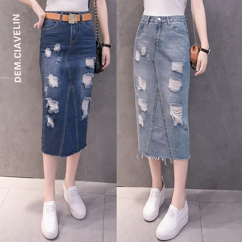 Midi Skirt Women 2023 Summer Hole Denim Bottoms High Waist Jeans Skirts Back Split Korean Fashion Style Casual Wears For Ladies