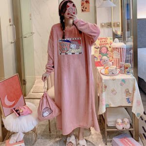 Robe Femme Night Wear Women Velvet Cute Cartoon Print Long Comfort Nightgown Loose Plus Size Winter Clothes Sleepwear Women
