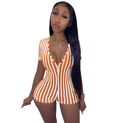 Ladies Summer Bodysuit Playsuit Striped Short Sleeve V-neck Zipper Bodycons Jumsuits Clubwear Adult Women Print Sexy Lingerie