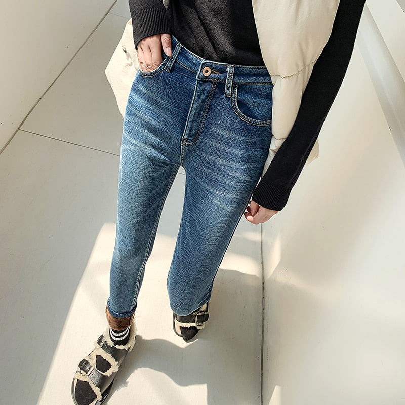 Winter Thick Velvet Women High Waist Skinny Jeans Simple Fleece Warm Slim fit Stretch Ladies Casual Denim Pencil Pants