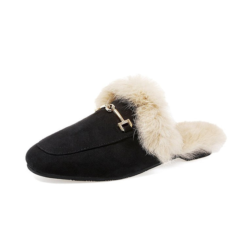 LazySeal Fur Women Slides Ladies Black Outdoor Female Shoes Slides Summer Winter 100% Real Rabbit Hair Designer Spring Footwear