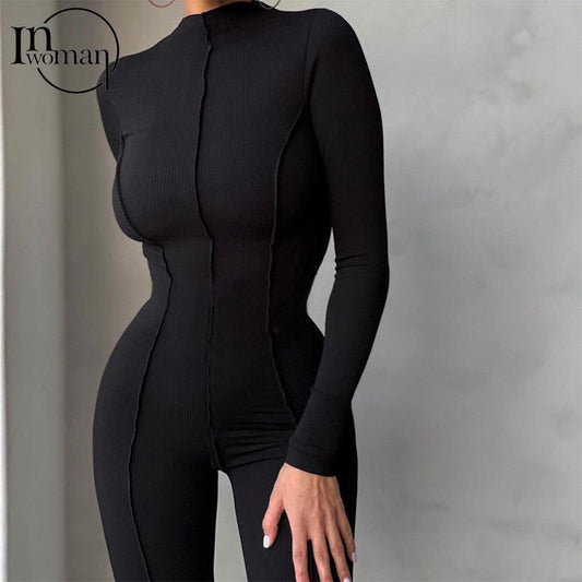 Inwoman Fall Bright Line Decoration Black Jumpsuit Women One Piece Sexy Club Outfit For Women Long Sleeve White Bodycon Jumpsuit