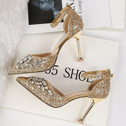 2023 Women Summer 9.5cm High Heels Crystal Luxury Sandals Lady Glitter Bling Pumps Footwear Sequins Wedding Bridal Sandles Shoes