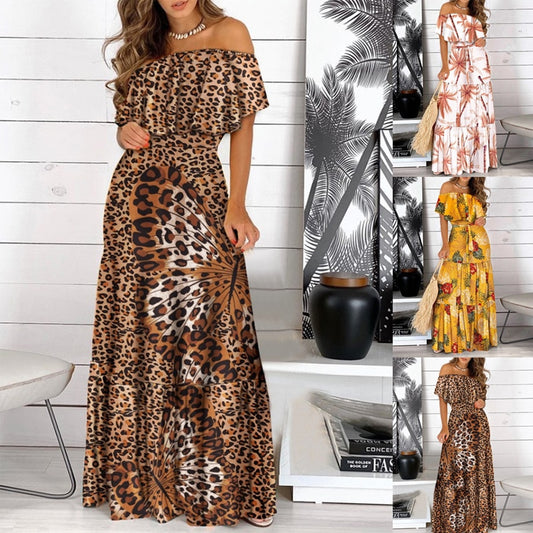 2022 New Fashion Leopard Robe Print Long Dress Ruffle Maxi Sundress Bohemian Women Summer Sexy Casual Elegant Strapless Vestidos