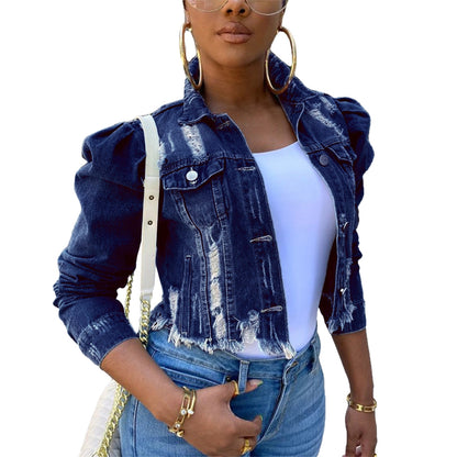 Y2k Women&#39;s Ripped Denim Jacket Casual Long Puff Sleeve Button Down Cropped Jean Coats for Fall