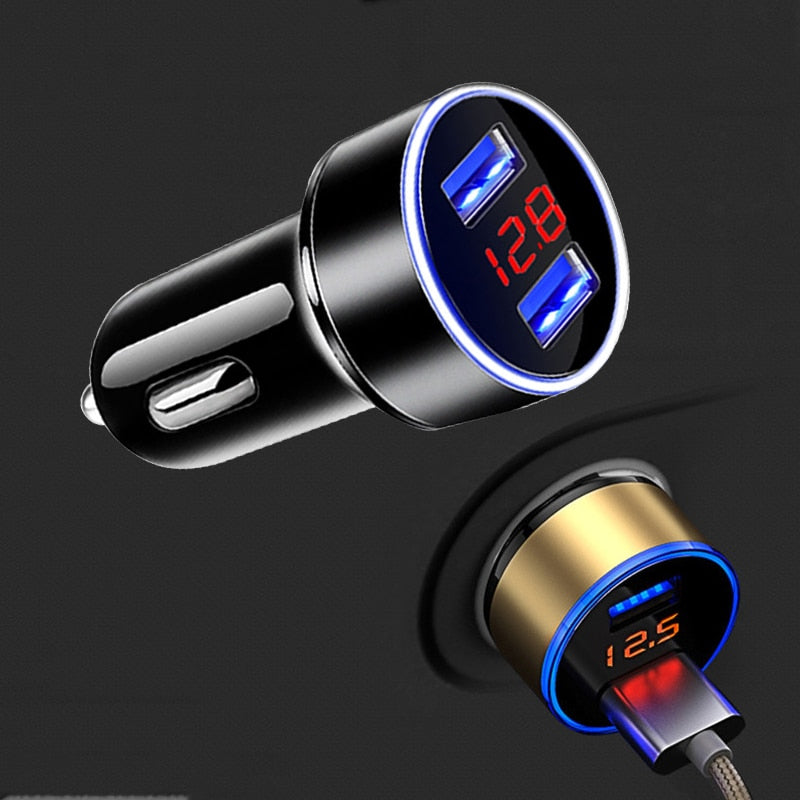 Car Charger For Cigarette Lighter Smart Phone USB Adapter Mobile Phone Charger Dual USB Digital Display Voltmeter Fast Charging