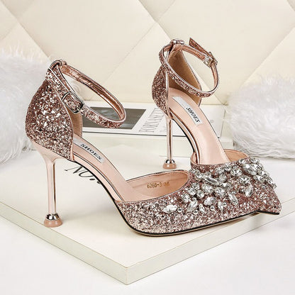 2023 Women Summer 9.5cm High Heels Crystal Luxury Sandals Lady Glitter Bling Pumps Footwear Sequins Wedding Bridal Sandles Shoes