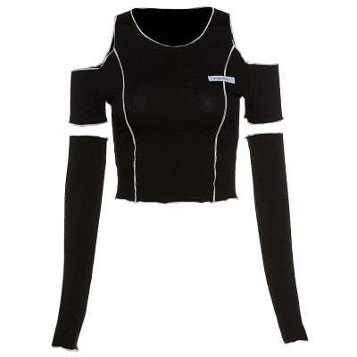 Patchwork Black T-shirts Gothic One Shoulder Sleeve Y2k Crop Tops Ruffles Hem Hip Hop Techwear Women Tees