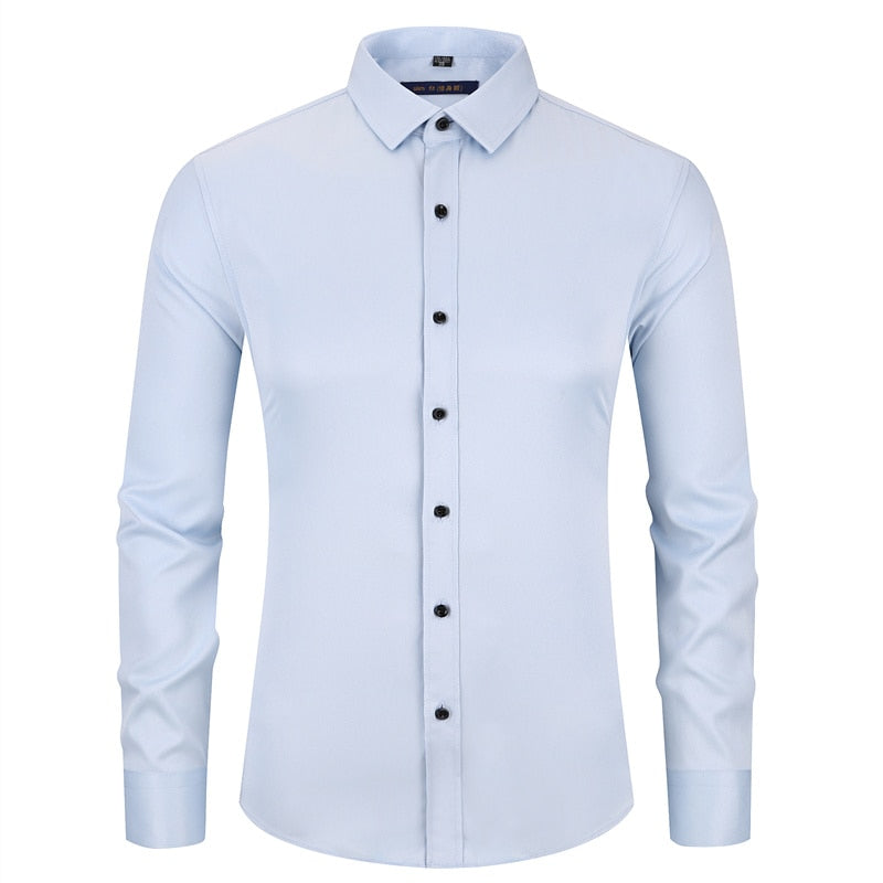 Anti-Wrinkle No-Ironing Elasticity Slim Fit Men Dress Casual Long Sleeved Shirt White Black Blue Red Male Social Formal Shirts