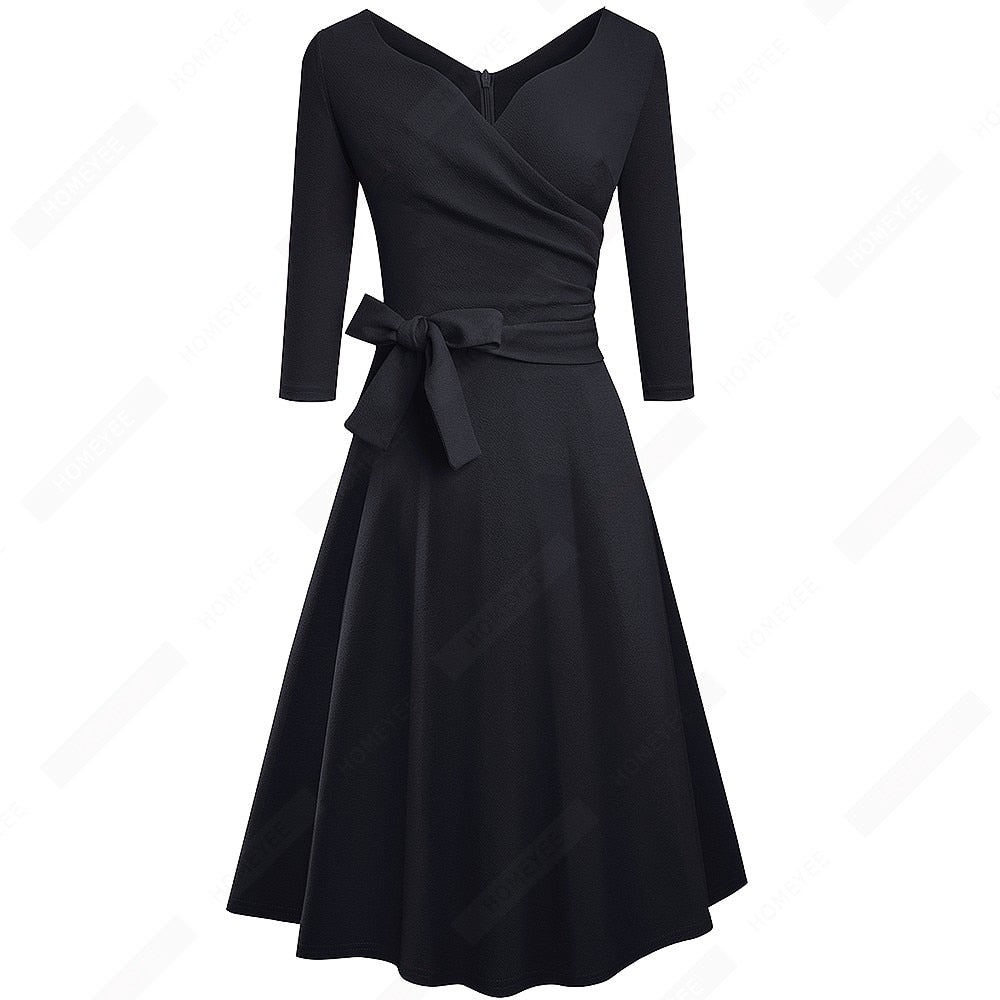 Women Classic Vintage Sexy V Neck Bow Party Casual Elegant Charming A Line Dress EA240