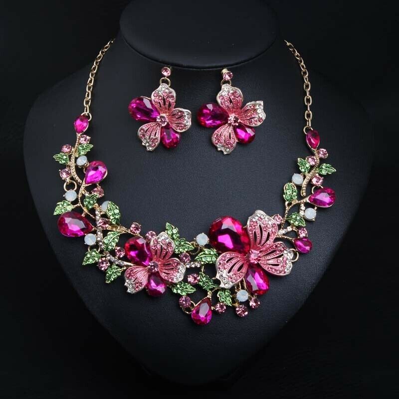 Fashion Multicolor Flower Necklace Earring Set Bridal Crystal Jewelry Sets Statement Choker Fashion Rhinestone Bib Wedding Party