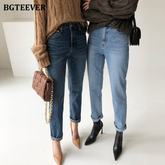 BGTEEVER Vintage Streetwear Women Denim Blue Jeans Autumn Winter High Waist Loose Trousers Female Straight Leg Jeans Pants