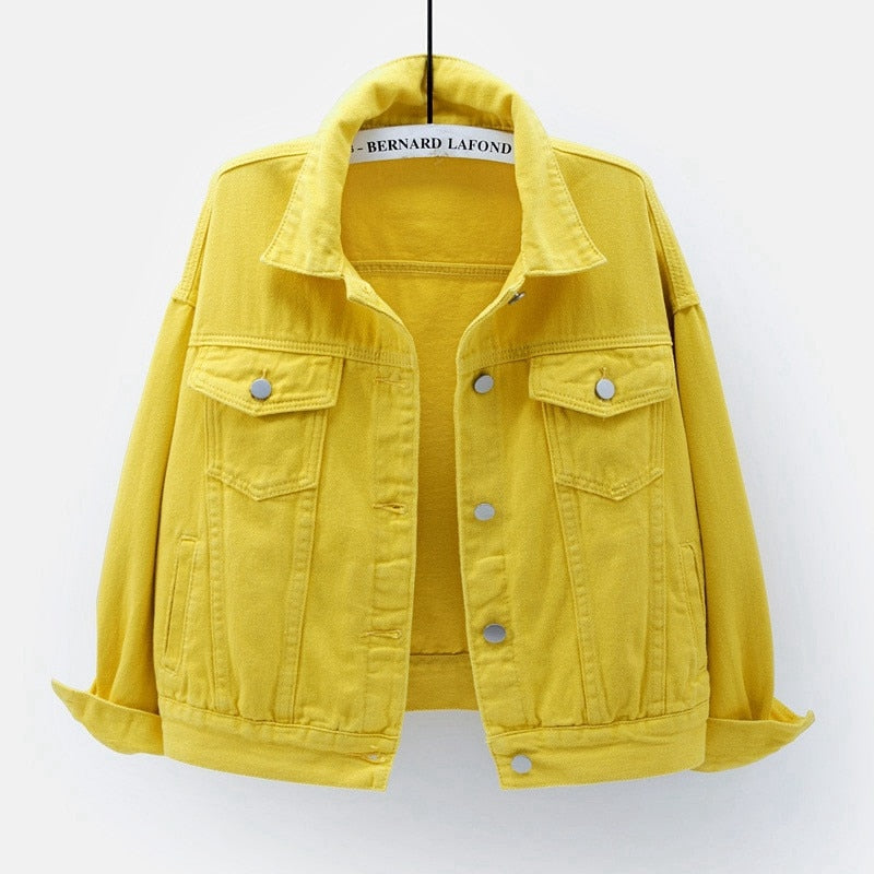 Women&#39;s Denim Jacket Spring Autumn Short Coat Pink Jean Jackets Casual Tops Purple Yellow White Loose Tops Lady Outerwear KW02