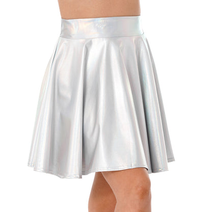 Metallic Shiny Pleated Skirts Womens High Waist Shiny Holographic Flared Rave Dance Bottoms Clubwear Mini Party Skater Skirt