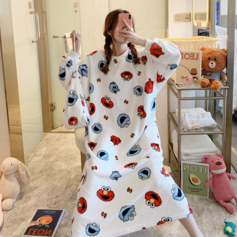 Robe Femme Night Wear Women Velvet Cute Cartoon Print Long Comfort Nightgown Loose Plus Size Winter Clothes Sleepwear Women