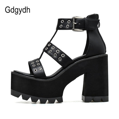 Gdgydh Sexy Rivet Shoes Women For Party Rock Style Blakc Block Heel Platform Sandals Women Back Zipper Summer Footwear Gladiator