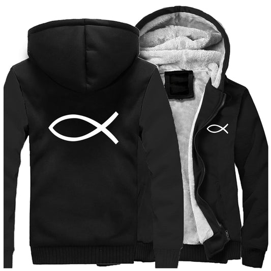 2022 Winter Mens Thick Sweatshirt Christian JESUS fish Hoodies  Brand Zipper Jacket Warm Fleece Thicken Coat Casual Streetwear